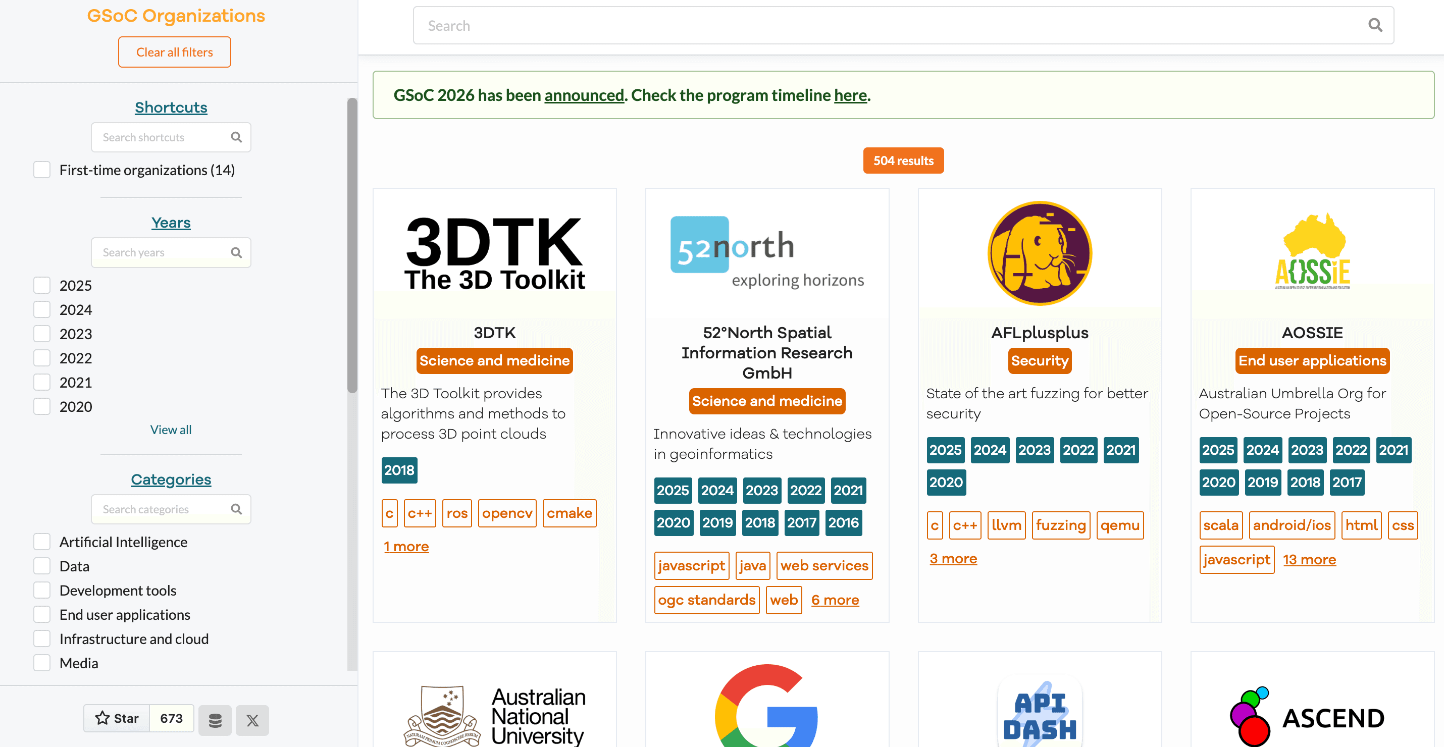 GSoC Organizations Explorer